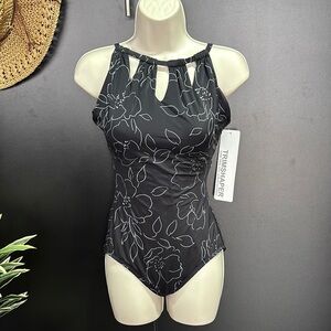 Trimshaper three keyhole high neck,adjustable straps padded,look trim swimsuit